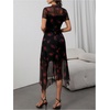 image:imageFloerns Womens Floral Mesh Short Sleeve Asymmetrical Hem Flared A Line DressBlack Ink