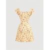 image:imageFloerns Womens Floral Print Cap Sleeve Dress Square Neck Tie Front Summer A Line Cute Mini DressesYellow