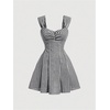 image:imageFloerns Womens Plaid Ruched Bust Sleeveless Vintage Bowknot Pleated Short DressesBlack and White