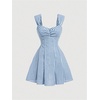 image:imageFloerns Womens Plaid Ruched Bust Sleeveless Vintage Bowknot Pleated Short DressesBlue and White