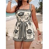 image:imageFloerns Womens Plus Size Floral Print Sleeveless Tank Romper Belt Boho Summer Short JumpsuitsBlack and Beige