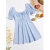 image:imageFloerns Womens Summer Drawstring Sweetheart Neck Puff Sleeve A Line Short DressLight Blue