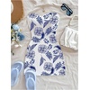image:imageFloerns Womens Summer Floral Tube Mini Dress Strapless Backless Party Club Bodycon DressesBlue and White