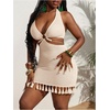 image:imageFloerns Womens Summer Knitted V Neck Tassel Cut Out Bodycon Mini Dress Halter Tie Back Crochet Beach DressesApricot