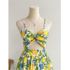image:imageFloerns Womens Summer Midi Dress Twist Front Cut Out Spaghetti Strap Beach Vacation Cami DressesYellow Multi