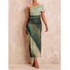 image:imageFloerns Womens Summer One Shoulder Long Dress Tie Dye Mesh Vacation Slit Bodycon Maxi DressesGreen