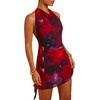 image:imageFloerns Womens Tie Dye Cowl Neck Dress Vacation Backless Halter Mesh Mini DressRed Multi