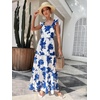 image:imageFloerns Womens Tropical Floral Plunging V Neck Tie Open Back Summer Short DressBlue and White