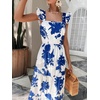 image:imageFloerns Womens Tropical Floral Plunging V Neck Tie Open Back Summer Short DressBlue and White
