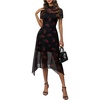 image:imageFloerns Womens Floral Mesh Short Sleeve Asymmetrical Hem Flared A Line DressBlack Ink
