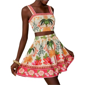 image:imageFloerns Womens 2 Piece Outfit Floral Print Crop Cami Top with Mini Skirt SetBeige Multi