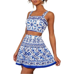 image:imageFloerns Womens 2 Piece Outfit Floral Print Crop Cami Top with Mini Skirt SetBlue and White