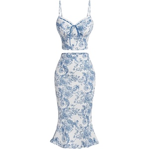 image:imageFloerns Womens 2 Piece Outfit Floral Print Tie Front Cami Top with Skirt SetBlue and White