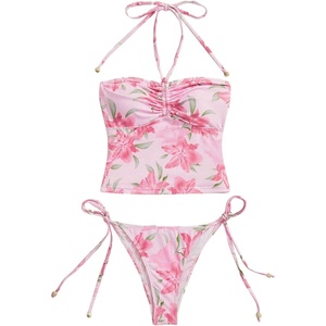 image:imageFloerns Womens 2 Piece Swimsuits Floral Ruched Halter Bikini Tie Side Bathing SuitPink