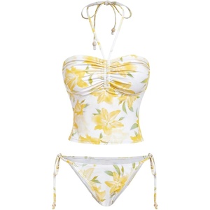 image:imageFloerns Womens 2 Piece Swimsuits Floral Ruched Halter Bikini Tie Side Bathing SuitYellow