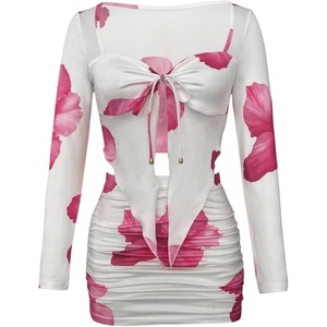 image:imageFloerns Womens 2 Piece Vacation Outfit Floral Long Sleeve Tops Bodycon Mini Skirt SetWhite