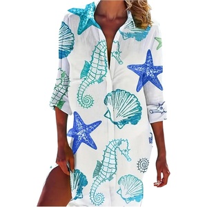 image:imageFloerns Womens Beach Starfish Button Down Shirt Dress Long Sleeve Vacation DressesWhite
