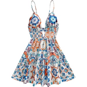 image:imageFloerns Womens Boho Floral Print Mini Dresses Cut Out V Neck Tiered Summer Cami DressesBlue and Orange