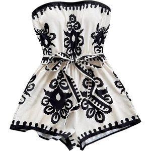 image:imageFloerns Womens Boho Floral Strapless Jumpsuit Sleeveless Vacation Short Belted RomperBlack and White