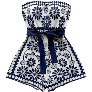 image:imageFloerns Womens Boho Floral Strapless Jumpsuit Sleeveless Vacation Short Belted RomperBlue White Multi