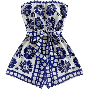 image:imageFloerns Womens Boho Floral Strapless Jumpsuit Sleeveless Vacation Short Belted RomperBlue and White