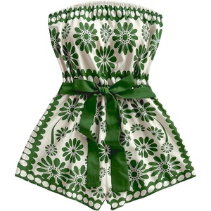 image:imageFloerns Womens Boho Floral Strapless Jumpsuit Sleeveless Vacation Short Belted RomperGrass Green