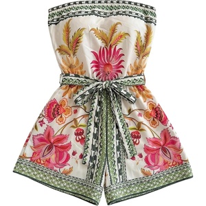 image:imageFloerns Womens Boho Floral Strapless Jumpsuit Sleeveless Vacation Short Belted RomperMint Green