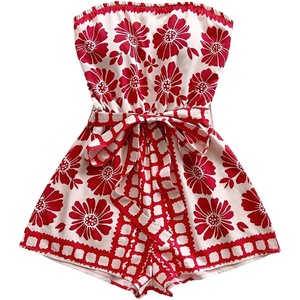 image:imageFloerns Womens Boho Floral Strapless Jumpsuit Sleeveless Vacation Short Belted RomperRed