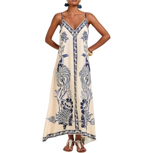 image:imageFloerns Womens Boho Floral V Neck Maxi Dress Summer Sleeveless Asymmetrical Flowy Vacation DressesBlue
