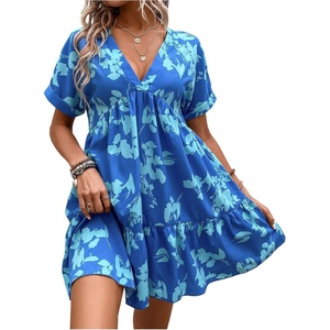image:imageFloerns Womens Boho Floral V Neck Ruffle Dress Short Sleeve Vacation Flowy DressesBlue