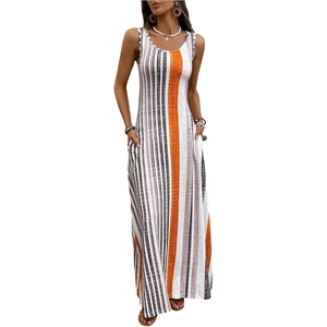 image:imageFloerns Womens Boho Striped Tank Maxi Dress Sleeveless Scoop Neck Summer Vacation Long DressesOrange Grey Brown