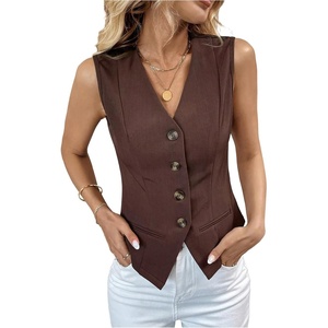 image:imageFloerns Womens Button Down Sleeveless Blazer V Neck Office Work Classy Suit VestCoffee Brown
