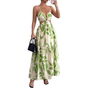 image:imageFloerns Womens Cut Out Tie Back Boho Maxi Dress Spaghetti Strap Beach Vacation Tiered Long DressesGreen