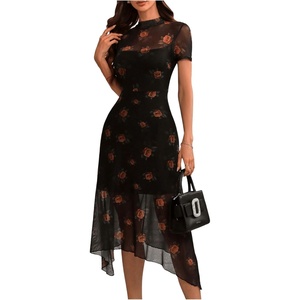 image:imageFloerns Womens Floral Mesh Short Sleeve Asymmetrical Hem Flared A Line DressBlack