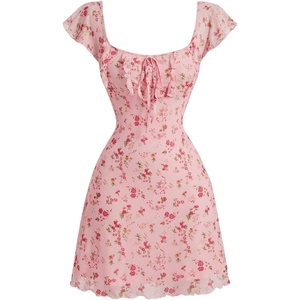 image:imageFloerns Womens Floral Print Cap Sleeve Dress Square Neck Tie Front Summer A Line Cute Mini DressesPink
