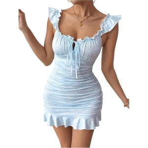 image:imageFloerns Womens Floral Print Off Shoulder Milkmaid Dress Ruched Ruffle Hem Bodycon Mini DressLight Blue