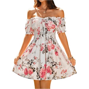 image:imageFloerns Womens Floral Print Off Shoulder Ruffle Puff Sleeve Smocked Short DressMulticolor