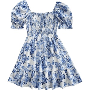 image:imageFloerns Womens Floral Puff Short Sleeve A Line Dress Ruffle Hem Boho DressesBlue and White