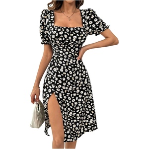 image:imageFloerns Womens Floral Puff Sleeve A Line Dress Square Neck Thigh Split Vacation Beach DressesBlack