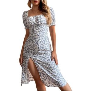 image:imageFloerns Womens Floral Puff Sleeve A Line Dress Square Neck Thigh Split Vacation Beach DressesBlue and White