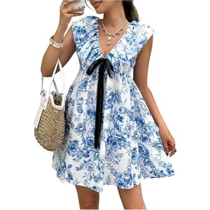 image:imageFloerns Womens Floral Ruffle V Neck Knot Front Mini Dress Cap Sleeve Cute Flowy DressesBlue and White