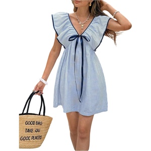 image:imageFloerns Womens Floral Ruffle V Neck Knot Front Mini Dress Cap Sleeve Cute Flowy DressesStriped Blue