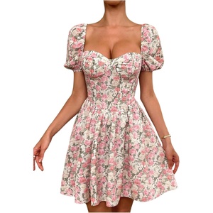 image:imageFloerns Womens Floral Short Puff Sleeve Corset Dress Sweetheart Neck Mini A Line DressesPink