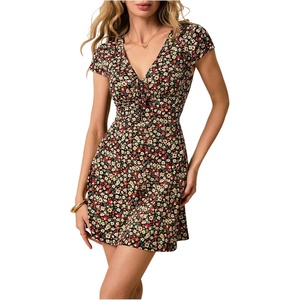 image:imageFloerns Womens Floral Tie Front Mini Dress Cap Sleeve V Neck A Line DressesBlack Multi