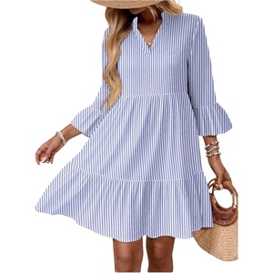 image:imageFloerns Womens Floral Tunic Dress 34 Ruffle Sleeve Notched Neck Vacation Smocked Boho DressesBlue Striped