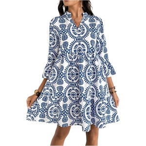 image:imageFloerns Womens Floral Tunic Dress 34 Ruffle Sleeve Notched Neck Vacation Smocked Boho DressesBlue and White