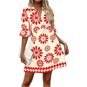 image:imageFloerns Womens Floral Tunic Dress 34 Ruffle Sleeve Notched Neck Vacation Smocked Boho DressesRed