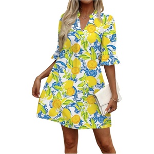 image:imageFloerns Womens Floral Tunic Dress 34 Ruffle Sleeve Notched Neck Vacation Smocked Boho DressesWhite Multi