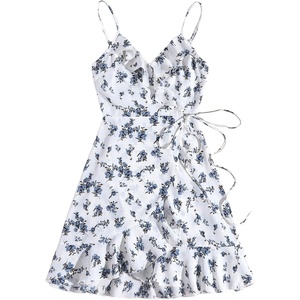 image:imageFloerns Womens Floral V Neck Ruffle Trim Cami Dress Tie Wrap Vacation A Line DressesWhite Multi
