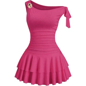 image:imageFloerns Womens Mini Dress Off The Shoulder Metal Floral Sleeveless Layered Hem Going Out DressesHot Pink